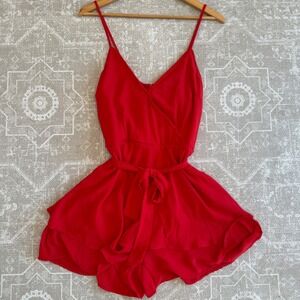 Red Romper Ruffle V Neck Spaghetti Strap Size L